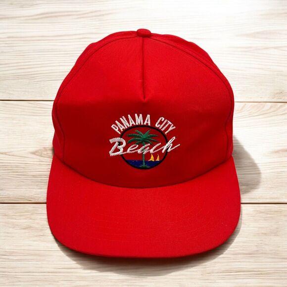 Vintage Panama City Beach Hat Snapback Cap Red Cotton Blend Beach Scene - Picture 1 of 11